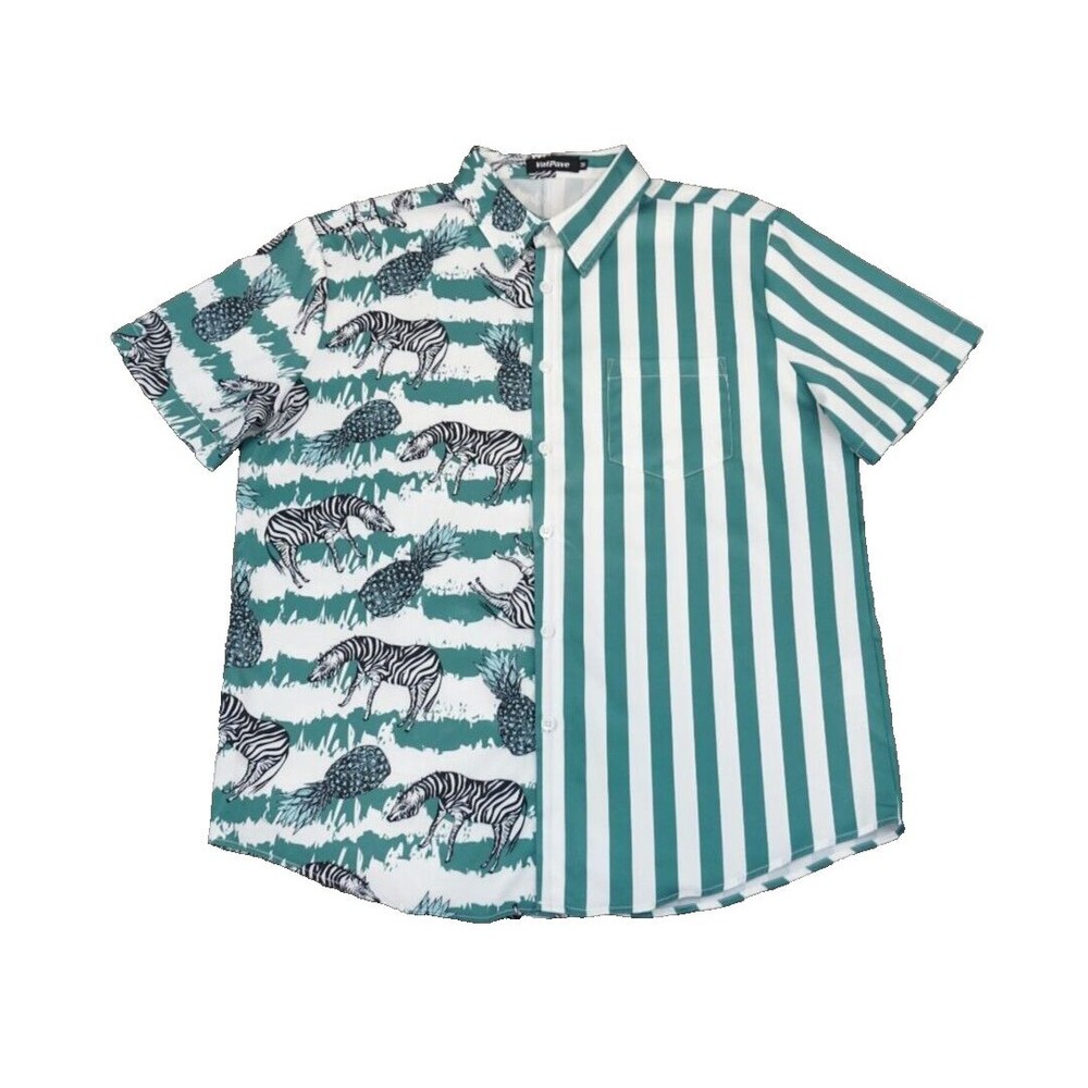 VATPAVE Mens Striped Zebra Pineapple Button Down Shirt M Artsy Hawaiian Party